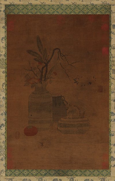タペストリー: ボウル、2 つの瓶、花、果物、おそらく明王朝、1368-1644。 作： Unbekannt