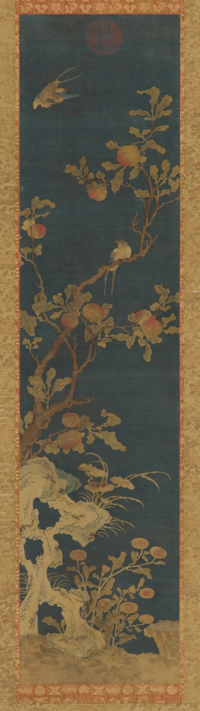 タペストリー：青地に鳥、桃の木、岩、花、清王朝、1644～1911年。 作： Unbekannt