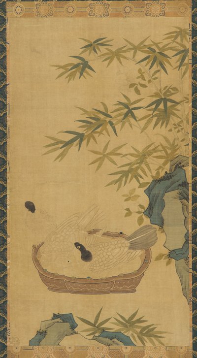 タペストリー：ボウル、岩、竹で水浴びする鳩、おそらく明王朝、1368-1644. 作： Unbekannt