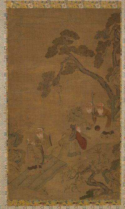 タペストリー: 松の下の庭の 5 人の聖者、明王朝から清王朝、1368-1911 年。 作： Unbekannt