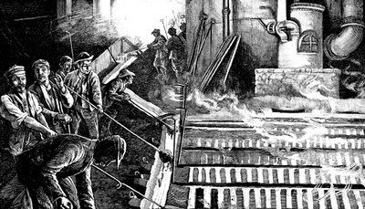 高炉をタップして鉄を豚に鋳造する、C1900 作： Unbekannt