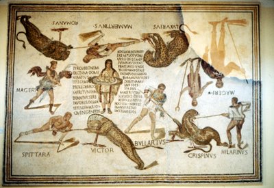 Telegenic Troupe が「スペクタクル」でヒョウを殺す、モクニネのローマの床のモザイク、3 世紀 作： Unbekannt