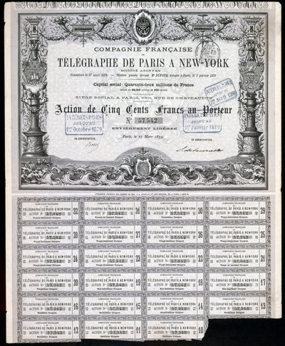 電信、一般パリ-ニューヨーク電信株式証書、1879年3月27日 作： Unbekannt