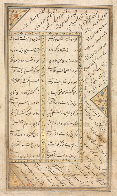 テキストページ、アンソロジーのペルシア語の詩の節と1500年代半ばのHaft Awrangの詩の一部。 作： Unbekannt