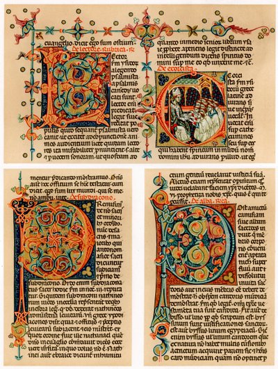照らされた頭文字が書かれたテキストページ、14世紀 作： Unbekannt