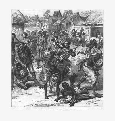 アシャンティー戦争：クーマシーの街路をクリアする海軍旅団、1874年。 作： Unbekannt