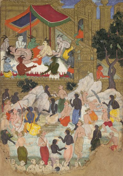 ランカの黄金都市でのクンバカルナの覚醒」（『ラーマーヤナ』フォリオ、1605年頃）。 作： Unbekannt