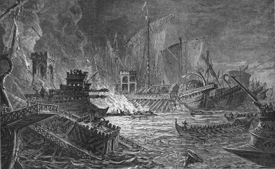 アウグストゥスがアントニーとクレオパトラを倒したアクティウムの戦い、紀元前31年、1908年 作： Unbekannt