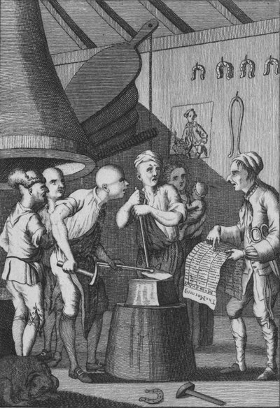 鍛冶屋は1772年のテイラーズニュースに出席して彼の鉄を冷たくさせます 作： Unbekannt