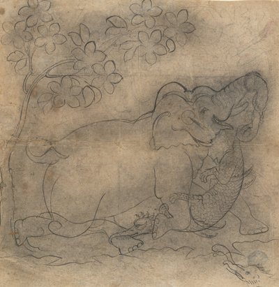 象の王がワニと格闘する様子。ガジェンドラモクシャ・シリーズのイラスト、19世紀後半 作： Unbekannt