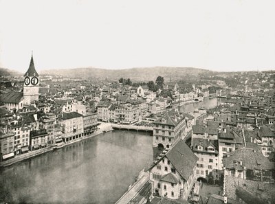 1895年にスイスのチューリッヒのリマト川で分断されたグロスシュタットとクライネシュタット。 作： Unbekannt