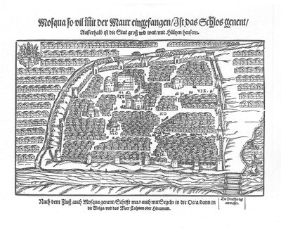 Moscouiter Wonderful Historiesからのモスクワの地図、Sigmund von Herberstein作、1567年 作： Unbekannt