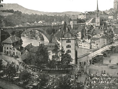 Nydeggbrückeと牛の市場、ベルン、スイス、1895年。 作： Unbekannt