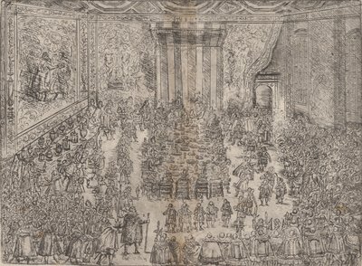 ヴォルフガの結婚式を描いたシリーズからの王室の食事「Fürstliche Mahlzeit」、1614 年。 作： Unbekannt