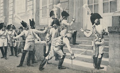 プロイセンの高貴な警備員が1896年にベルリンのフランス大使館の階段で彼らの剣を研ぐ 作： Unbekannt
