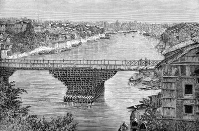 1895年、パキスタンのJhelum川に架かるスリナガル橋 作： Unbekannt