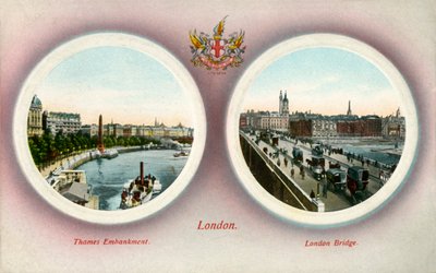 テムズ川の堤防とロンドン橋、ロンドン、1909年。 作： Unbekannt