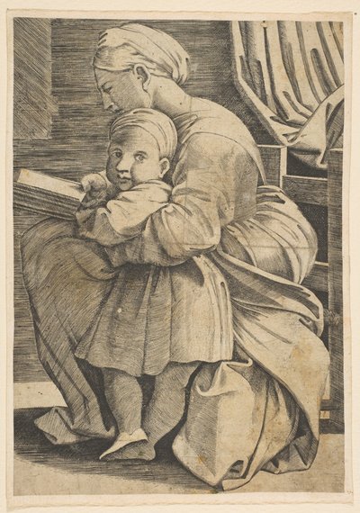 幼児のキリストと聖母の読書、横向きに座っている女性、左向き...、ca。 1515-1600。 作： Unbekannt
