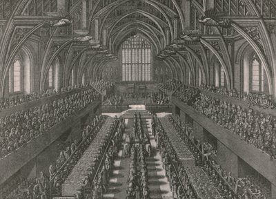 ウェストミンスター宮殿の大ホールでの宴会... 1685年、1902年のジェームズ2世の戴冠式。 作： Unbekannt