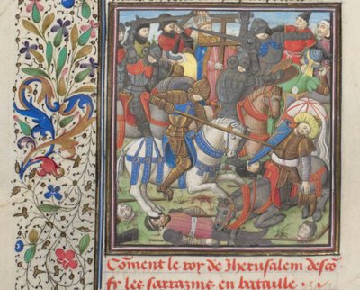 十字軍とサラセン人の間の戦い。ティリアのウィリアム作「ヒストリアのミニチュア」、1460年代 作： Unbekannt