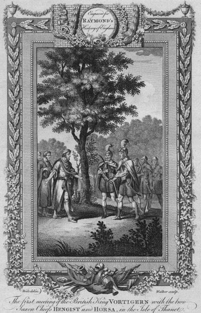 2人のザクセン族の首長、ヘンギストとホルサとのイギリス国王ヴォルティルゲンの最初の会合、c1787 作： Unbekannt