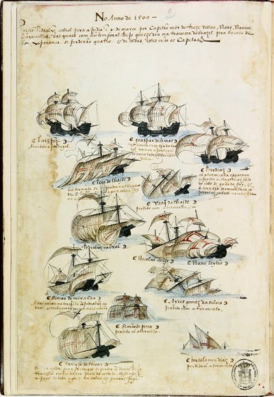 1500年のペドロ・アルバレス・カブラルの艦隊。1568年頃のリヴロ・ダス・アルマダスより。 作： Unbekannt