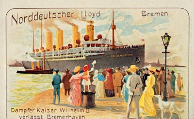 巨大なSSカイザーヴィルヘルム2世は、1905年にドイツのブレーマーハーフェンの波止場から撤退しました。 作： Unbekannt