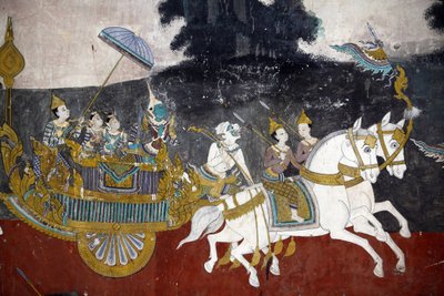 シルバーパゴダの内部には、インドの古典叙事詩「ラーマーヤナ」のクメール版ともいえる「リームカー」の物語を描いた壁画が描かれています。壁画の一部は劣化し、風化しています。この壁画は 作： Unbekannt