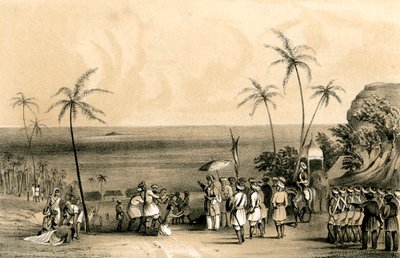 カリカットの商人は、1847年のティプーサイブの命令により、不毛の岩を捕らえ、鎖でつなぎました。 作： Unbekannt