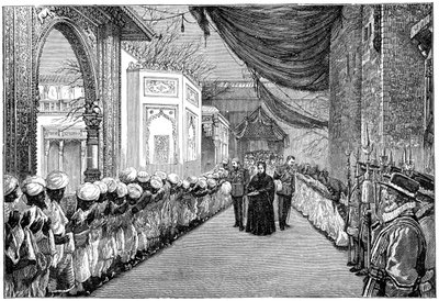 1886年、1900年、ロンドンのインディアンおよび植民地展覧会のオープニングで女王が訪れる 作： Unbekannt