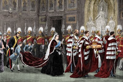 貴族院に行く途中のウェストミンスター宮殿の王室行列、1886年、1900年 作： Unbekannt