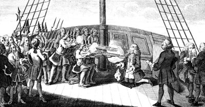 モナーク号に乗ったバング提督の射撃、1757年 作： Unbekannt
