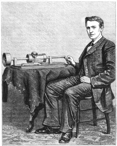 1878年に蓄音機の初期の手動モデルを備えたアメリカの発明家、トーマスアルバエジソン 作： Unbekannt
