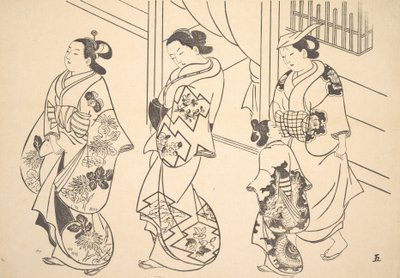 花魁三人と街を闊歩するかむろ。 作： Unbekannt