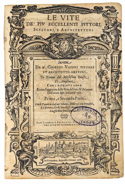 タイトルページ：ジョルジョヴァザーリ、「最も優れたイタリアの画家の生活」、彫刻家、1568年。 作： Unbekannt