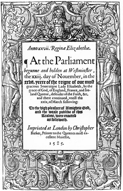 議会法のタイトルページ、1585、1893 作： Unbekannt
