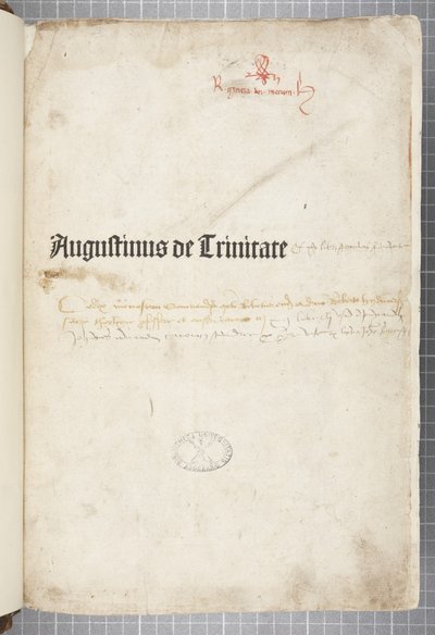 ヒッポのアウグスティヌスが書いた『De trinitate』と『De Civitate Dei cum commento』のタイトルページ（紙にペンとインク）。 作： Unbekannt