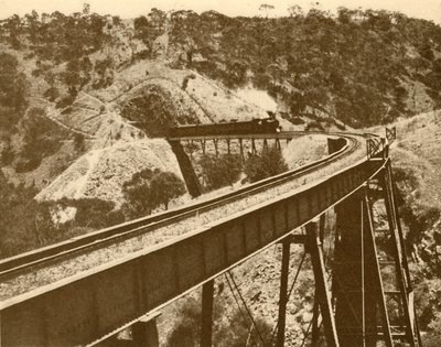 高架橋を通過する列車、マウントロフティ山脈、南オーストラリア州、1930年。 作： Unbekannt