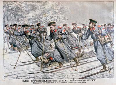 スキーで負傷した負傷したロシア軍の輸送、日露戦争、1904 作： Unbekannt