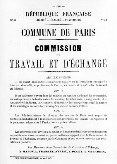 1871年5月のパリコミューンのフランスの政治ポスターからのTravail et DEchange 作： Unbekannt