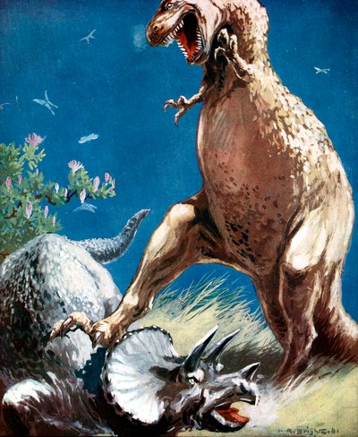 ティラノサウルスc1920に押された角のある恐竜トリケラトプス 作： Unbekannt