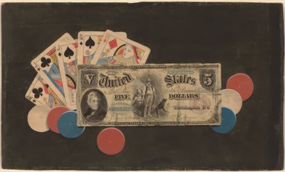 Trompe lOeil：チップと5ドル札のあるフルハウス 作： Unbekannt