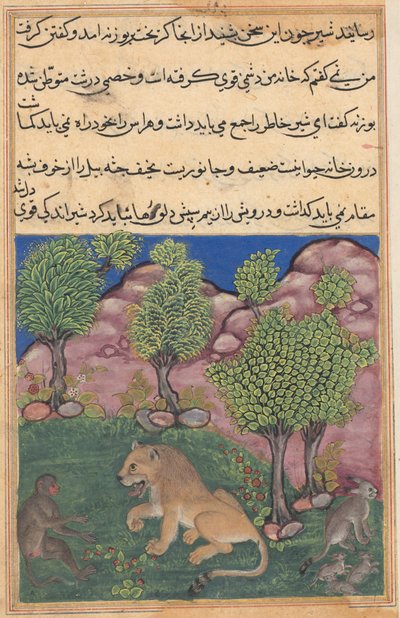 オウムのトゥティ生テイルズ：物語XXVIII：猿は不審なライオンに助言します...、c。 1560年。 作： Unbekannt