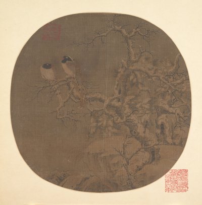 冬の木にとまる二羽の鳥、13世紀。 作： Unbekannt