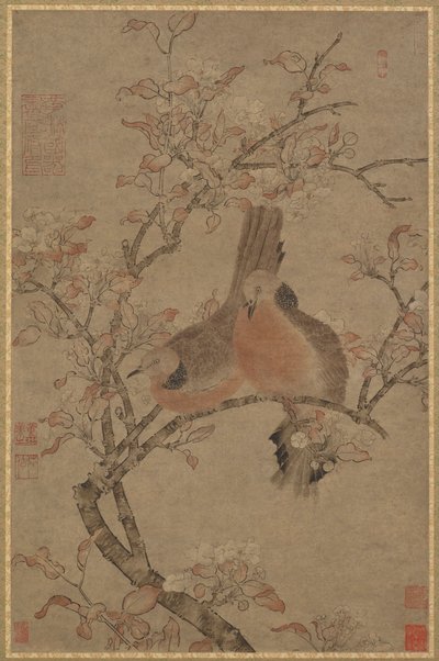 開花枝に 2 羽の鳩、14 ～ 15 世紀。 作： Unbekannt