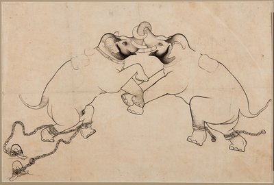 戦闘中の2頭の象、1700年代初頭。 作： Unbekannt