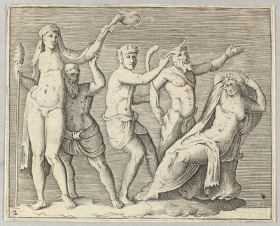 牧神とサテュロスの2人の人物がリクライニングウーマンに近づき、ca。 1599-1622。 作： Unbekannt