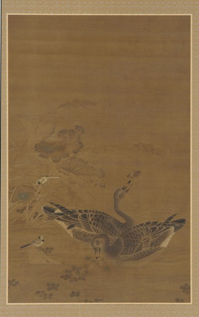 蓮の池で餌をやる 2 羽のガチョウ、明王朝、16 ～ 17 世紀。 作： Unbekannt