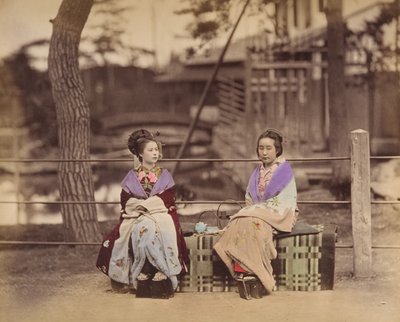 [ベンチに座る 2 人の日本人女性]、1870 年代。 作： Unbekannt