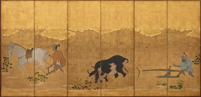 田んぼを耕し、荒廃させる 2 人の農民、江戸時代、1615 ～ 1868 年。 作： Unbekannt